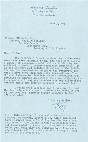 CHANDLER, RAYMOND. Typed Letter Signed, to author Michael Gilbert,